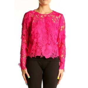 Milly Hot Pink Floral Lace Long Sleeve Crop Top Blouse